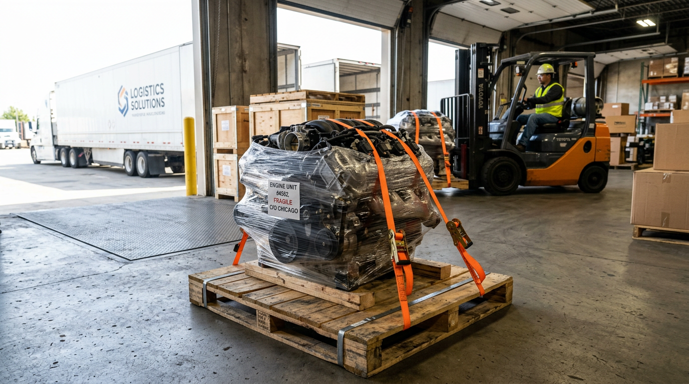 Motor asegurado en paleta, listo para envío